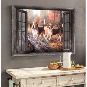 Beagle Couple Playing In Forest Dog Pet Animal Love Fake Window Canvas Poster