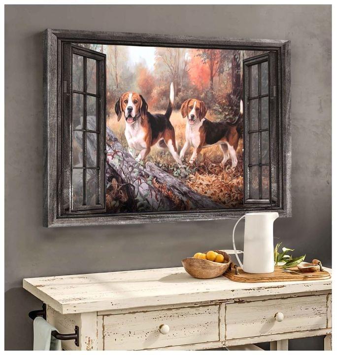 Beagle Couple Playing In Forest Dog Pet Animal Love Fake Window Canvas Poster Beagle Couple Playing In Forest Dog Pet Animal Love Fake Window Canvas Poster