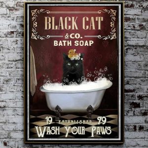 Black Cat Co Bath Soaps Established Wash Your Paws Cat Taking Shower Canvas Poster