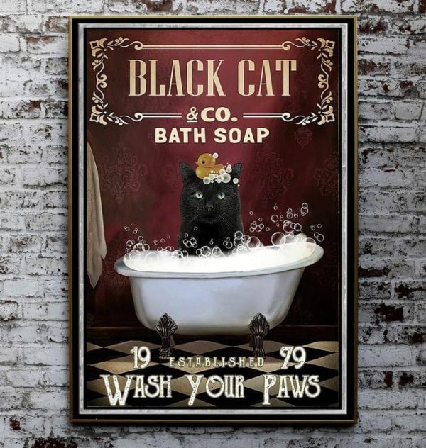 Black Cat Co Bath Soaps Established Wash Your Paws Cat Taking Shower Canvas Poster