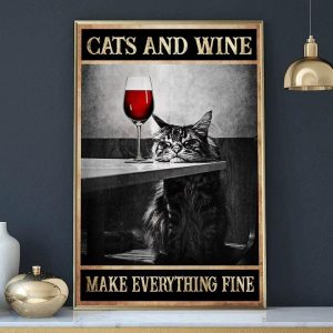 Cats And Wine Make Everything Fine Cat Sleeping Glass Of Red Wine Canvas Poster