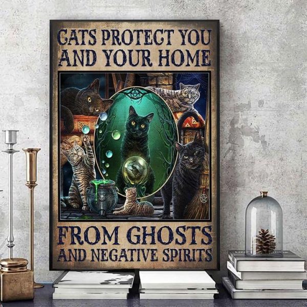 Cats Protect You And Your Home From Ghosts And Negative Spirits Different Cats Mirror Books Night Canvas Poster