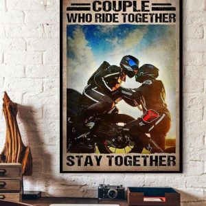 Couple Who Ride Together Stay Together Racing Couple Kissing Canvas Poster