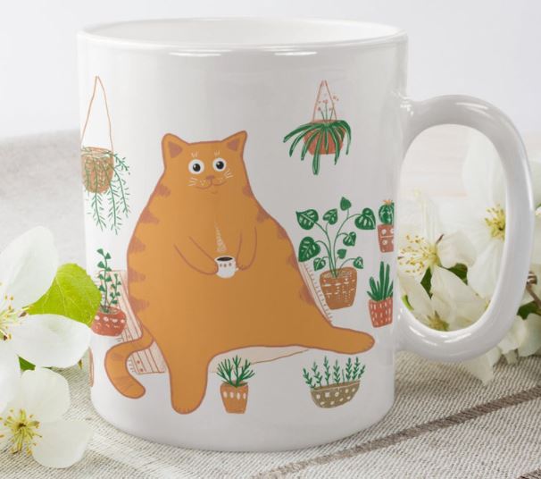 Cute Chubby Orange Cat Having Hot Coffee Tea In Garden Simple White Mug Cute Chubby Orange Cat Having Hot Coffee Tea In Garden Simple White Mug