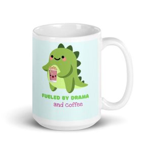 Cute Green Dinosaur Fueled By Drama Popcorn And Coffee Simple White Mug Cute Green Dinosaur Fueled By Drama Popcorn And Coffee Simple White Mug
