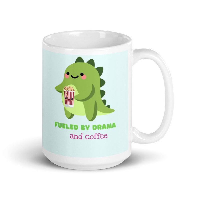 Cute Green Dinosaur Fueled By Drama Popcorn And Coffee Simple White Mug Cute Green Dinosaur Fueled By Drama Popcorn And Coffee Simple White Mug