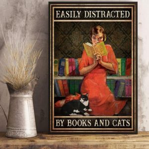 Easily Distracted By Books And Cats Lady Girl Reading Book Black Cat Canvas Poster