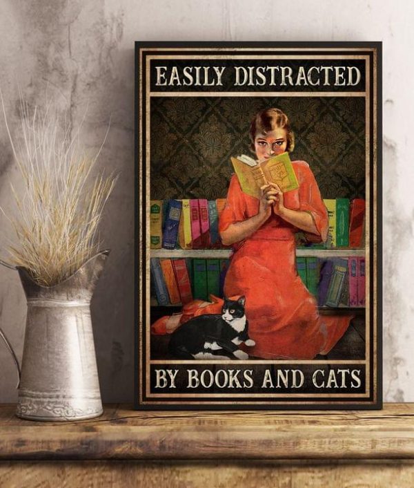 Easily Distracted By Books And Cats Lady Girl Reading Book Black Cat Canvas Poster