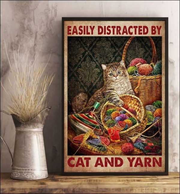 Easily Distracted By Cat And Yarn Colorful Wool Balls Cute Cat Canvas Poster