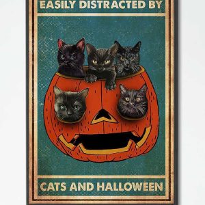 Easily Distracted By Cats And Halloween Black Cats Pumpkin Canvas Poster