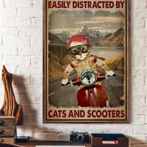Easily Distracted By Cats And Scooters Cat Riding Motorcycle Canvas Poster