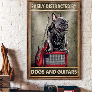 Easily Distracted By Dogs And Guitars Black Pitbull Dog Sitting On Speaker Electric Guitar Canvas Poster