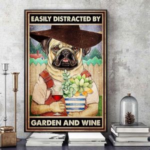Easily Distracted By Garden And Wine Bulldog Drinking Red Wine Farmer Gardening Canvas Poster