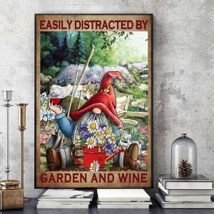 Easily Distracted By Garden And Wine Gnomie Drinking Red Wine Flowers Canvas Poster
