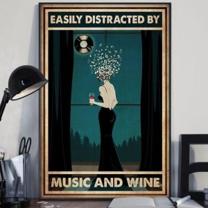 Easily Distracted By Music And Wine Beautiful Lady Girl Drinking Wine Music Notes Canvas Poster