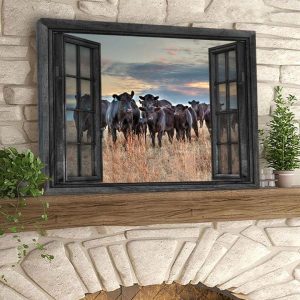 Farmer Fake Windows With Black Cows Herd Outside Farming Farm Canvas Poster