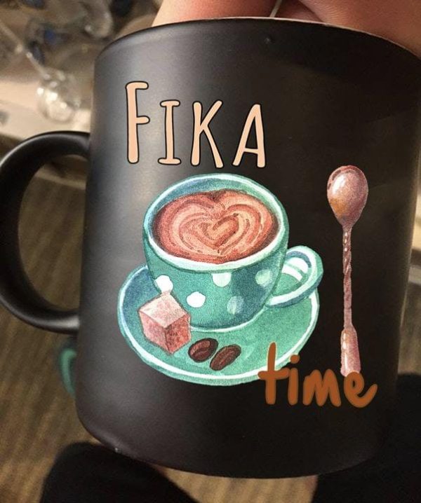 Fika Time Painted A Cup Of Hot Coffee Sugar Cube Coffee Beans Black Mug