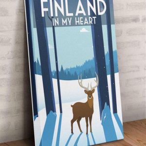 Finland In My Heart Deer Snow Winter Canvas Poster