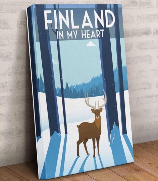 Finland In My Heart Deer Snow Winter Canvas Poster