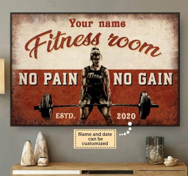 Fitness Room No Pain No Gain Name And Date Customized Personalized Canvas Poster