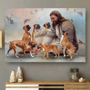 God Jesus Feeding Boxer Dogs Canvas Poster