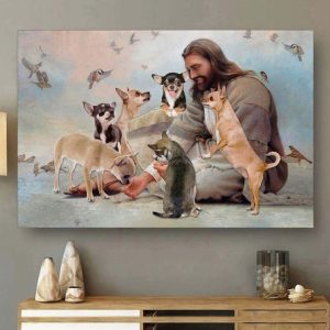 God Jesus Feeding Chihuahua Dogs Canvas Poster