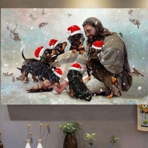 God Jesus Feeding Dachshund Dogs Christmas Snow Canvas Poster
