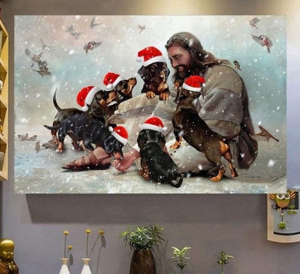 God Jesus Feeding Dachshund Dogs Christmas Snow Canvas Poster
