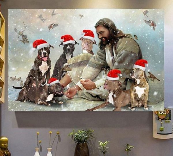 God Jesus Feeding Dogs Christmas Snow Canvas Poster
