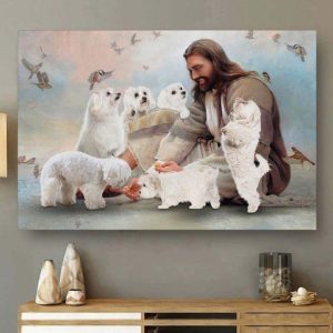 God Jesus Feeding White Terrier Dogs Canvas Poster