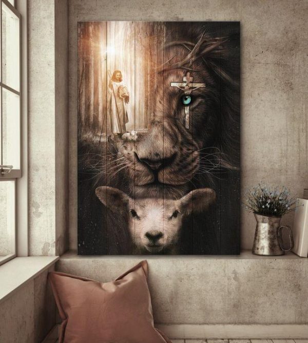 God Jesus Love Animals The Lion Protect The Sheep Canvas Poster