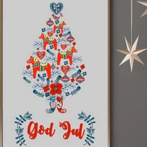 God Jul Christmas Tree Horses Hearts Flowers Cats Canvas Poster
