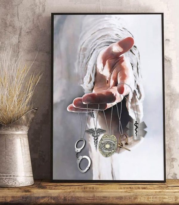 Handcuff Emt Logo Police Badge Headphone Jesus Hand God Canvas Poster