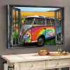 Hippie Camping Bus On The Peace Sunflower Field Fake Window Canvas Poster