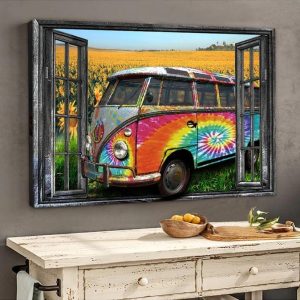 Hippie Camping Bus On The Peace Sunflower Field Fake Window Canvas Poster