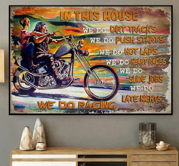 In This House We Do Racing Couple Riding Motorcycle Bikers Family Canvas Poster