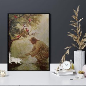 Jesus God With Red Birds And White Cat Peaceful In Heaven Canvas Poster
