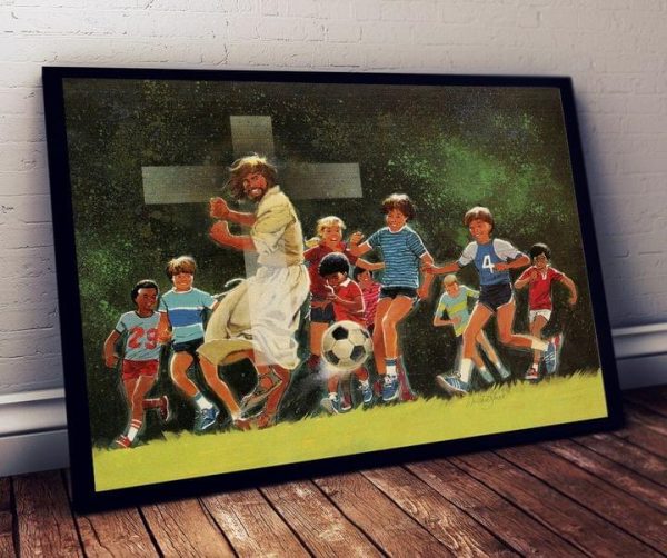Jesus Playing Football With Children The Holy Cross Sports Canvas Poster