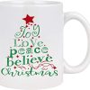Joy Love Peace Believe Christmas Tree White Mug