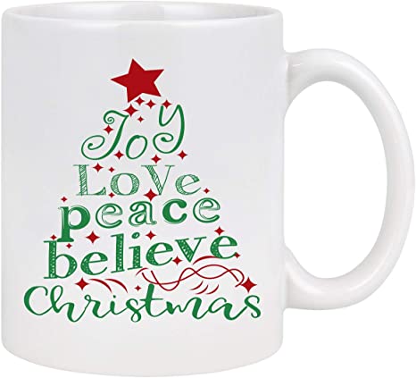Joy Love Peace Believe Christmas Tree White Mug Joy Love Peace Believe Christmas Tree White Mug