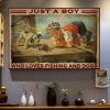 Just A Boy Who Loves Fishing And Dogs Little Boy Goes Fishing Dog Canvas Poster