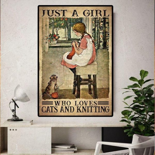 Just A Girl Who Loves Cats And Knitting Young Girl Knitting Cat Playing With Wool Ball Canvas Poster
