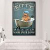 Kitty&ampCo Bath Soap 19 Established 59 Wash Your Paws Yellow Cat Taking Shower Canvas Poster