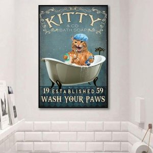 Kitty&ampCo Bath Soap 19 Established 59 Wash Your Paws Yellow Cat Taking Shower Canvas Poster