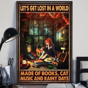 Let&rsquo;s Get Lost In A World Made Of Books Cat Music And Rainy Days Lady Girl Listening To Music Cat Canvas Poster