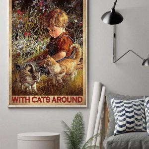 Life Is Better With Cats Around Little Boy And Cats Canvas Poster