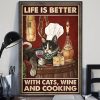 Life Is Better With Cats, Wine And Cooking Black Cat Drinking Red Wine Cheese Mouse Candle Canvas Poster