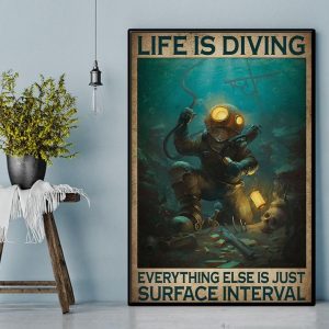 Life Is Diving Everything Else Is Just Surface Interval Man Diving Deep Sea Skull Canvas Poster