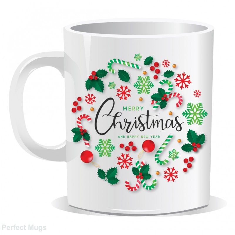 Merry Christmas And Happy New Year Christmas Wreath White Mug Merry Christmas And Happy New Year Christmas Wreath White Mug