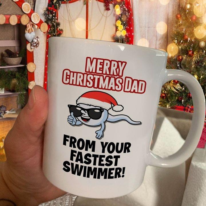 Merry Christmas Dad From Your Fastest Swimmer Funny Simple White Mug Merry Christmas Dad From Your Fastest Swimmer Funny Simple White Mug